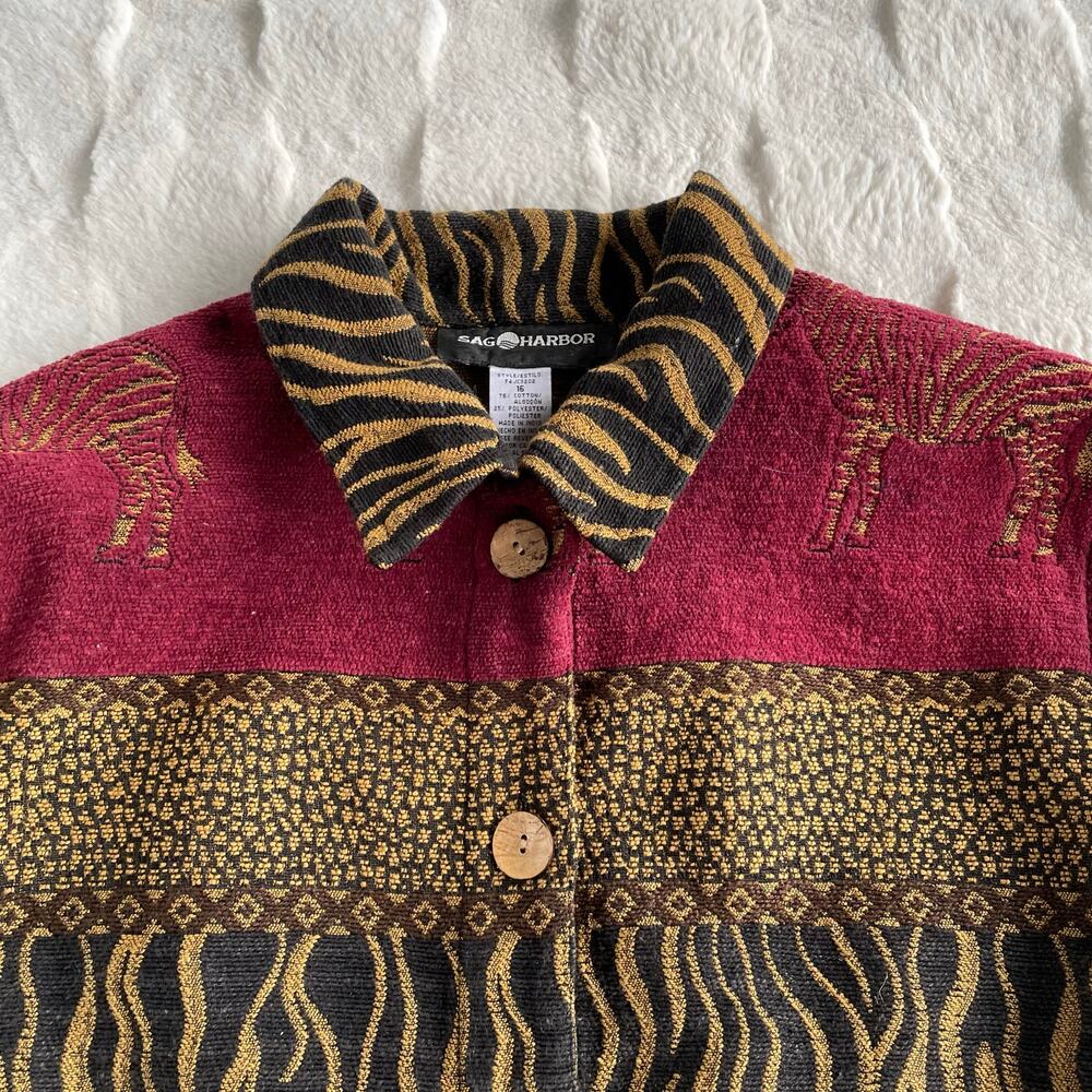 🔥Vintage 90s Sag Harbor Safari Zebra Cheetah Artsy Tapestry Button Jacket Sz 16 - Picture 5 of 12